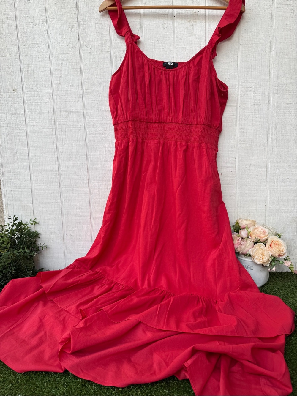 PAIGE Gisela Tiered Hem Midi Dress Red Strawberry Ruffle with Smocked Waist 12 - Picture 4 of 11